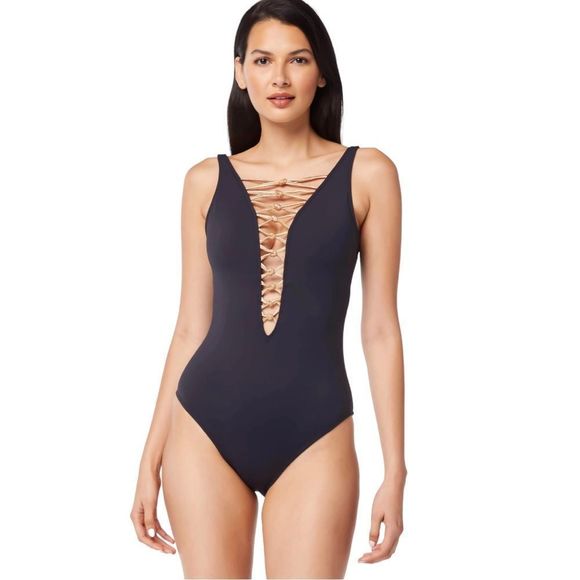 ☀️☀️☀️ Bleu Rod Beattie KORE Low Neck Lace Up One Piece Size 20W - Picture 2 of 6